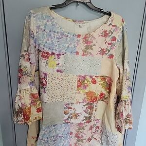 John Mark Floral Patchwork Long Sleeve Blouse - Cream Multicolor